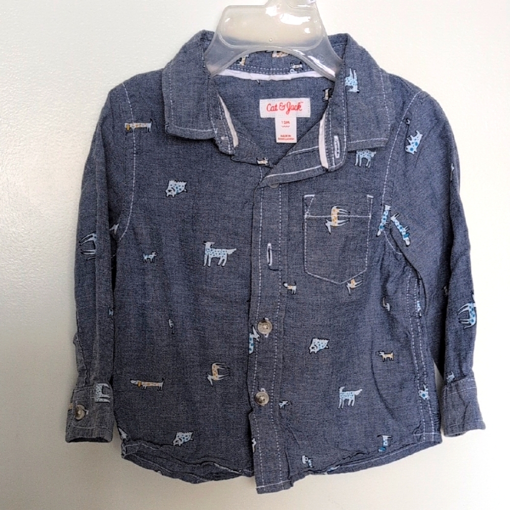 Cat & Jack Blue Denim Button Shirt with Animal Print - 12M